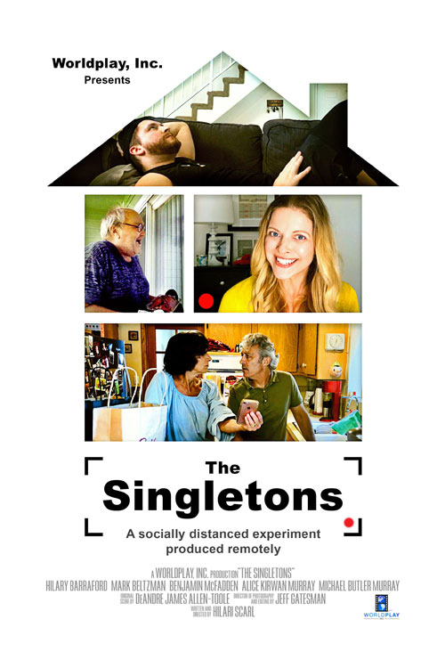 Four pictures are laid out to form the shape of a house against a white background. The top image in the shape of a roof is a man with a beard laying on his couch with visible stairs in the background. The next layer down includes an older man with glasses knocking on a glass sliding door. Next to the man is a closeup of a pretty blond with long hair looking to camera and smiling; the bottom layer is a couple in their kitchen. They are looking at each other while the woman holds a cell phone. The text at the bottom of the entire image reads 